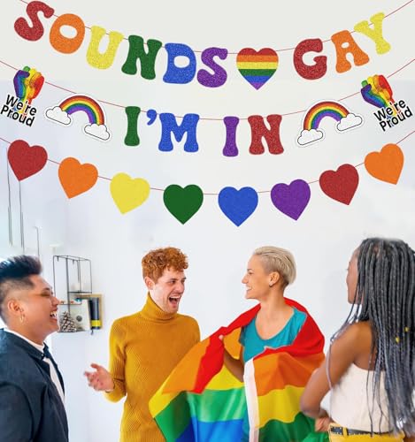 Image of Pre Strung Sounds Gay I'm In Banner Pride Month Decorations, Glitter Rainbow Sign for LGBTQ+ LGBT Party Lesbian Gay Bisexual Transgender Queer Celebration Home Indoor Photo Props Backdrop Decor