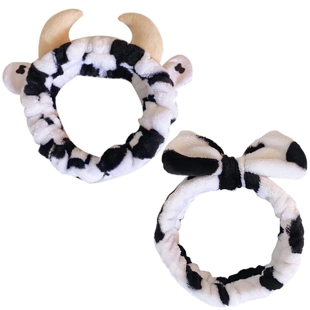 KALLORY Plush Headbands Cow Shaped Spa Hair Bands Hair Wrap Soft Bath Makeup Washing Face Head Wraps for Kids Girls Women Winter Keep Warm 2pcs