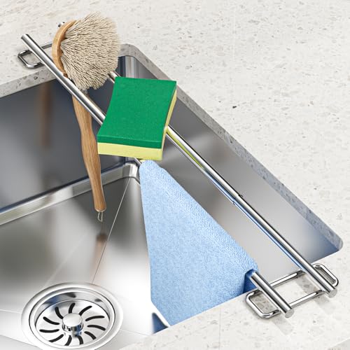 LOXSUN Organizador Fregadero, Organizador de Cocina para Fregadero de Acero Inoxidable, Escurridor Extensible Multifuncional para Fregadero, Porta Paños para Fregadero, Porta Esponjas de Cocina