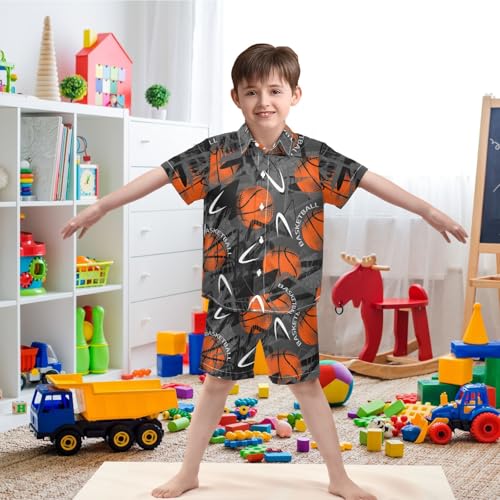 Image of visesunny Boys 2 Piece Outfit Button Down Shirt and Short Sets Urban Style Basketball Boy Summer Outfits for Children Kids 5-6Y