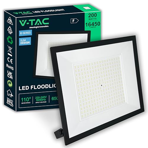 V TAC Foco LED para Exterior 200W – [ E Series – Altas Prestaciones, Bajo Consumo ] – 16450 Lúmenes – Design Super Slim – Impermeable IP65 – Proyector para Hogar, Garaje, Almacén – Blanco Frío 6500K