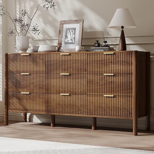 CHUWELL Fluted Walnut Dresser for Bedroom, 63" Wide Mid Century Modern Chest of Drawers with 4 Solid Wood Cylindrical Legs & Gold Metal Handles, 9 Drawer Large Dresser for Bedroom