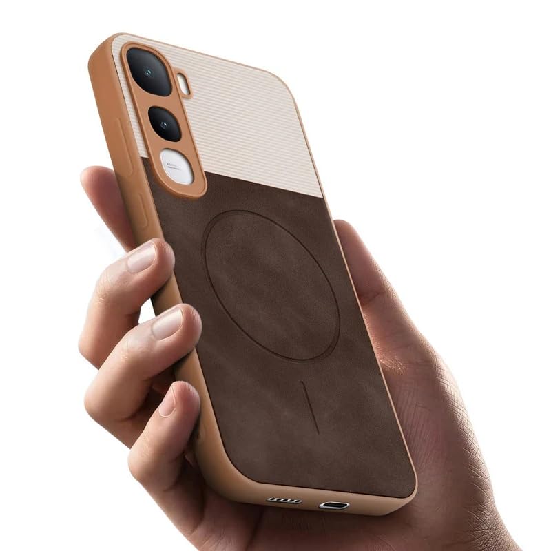 Image of Bintage case Dual-Leather Macc-Safe Design Phone Case| Soft Touch Finish | Full Camera Protectection Back Cover Compatible for Vivo V2506 / Vivo Y400 5G - White & Choco Brown