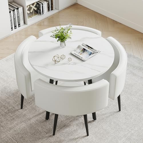 HOJKFCB 5-Piece Round Dining Set, Modern Marble Pattern Wood Tabletop with 4 White Faux Leather Upholstered Chairs, Multi-Use Furniture for Dining Room & Office