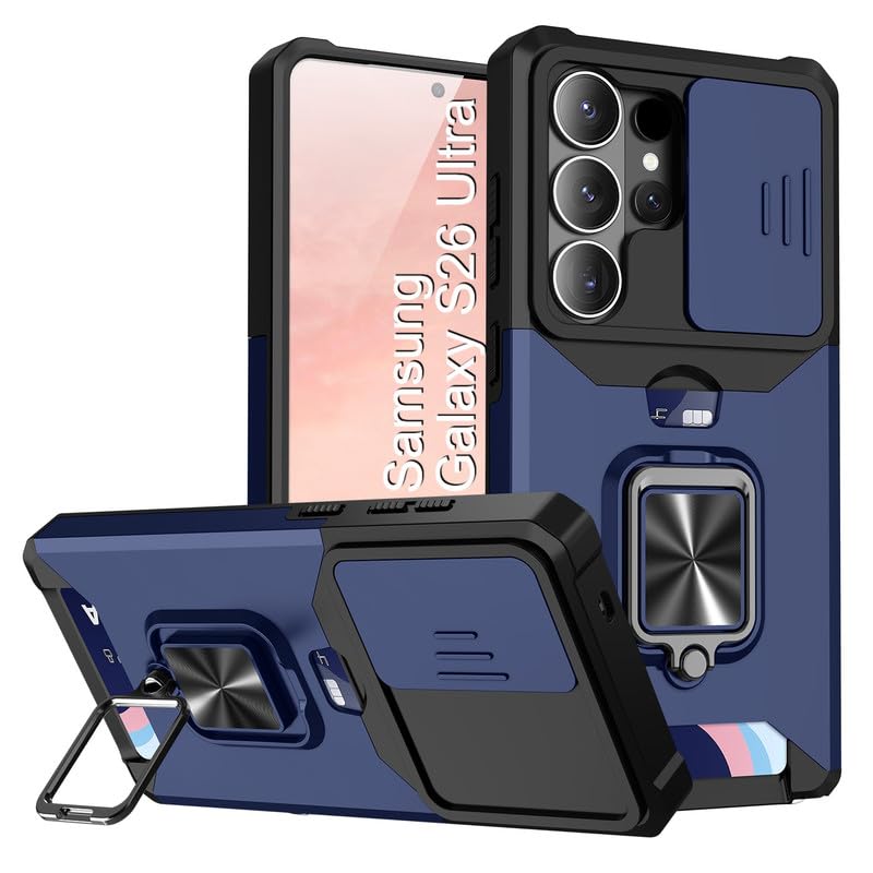 Image of LuxuryKase Shockproof Armor Case for Samsung Galaxy S26 Ultra | Slide Camera Cover | Hidden Card Slot | Rotating Ring Kickstand | Magnetic Car Mount Support | Military Grade Protection - Blue