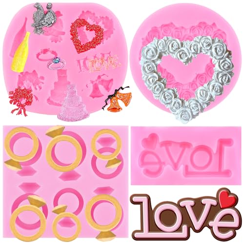 Mujiang Ring Silicone Molds Heart Rose Wreath Fondant Molds Love Wedding Chocolate Mold For Cake Decorating Gum Paste Candy Polymer Clay Set Of 4