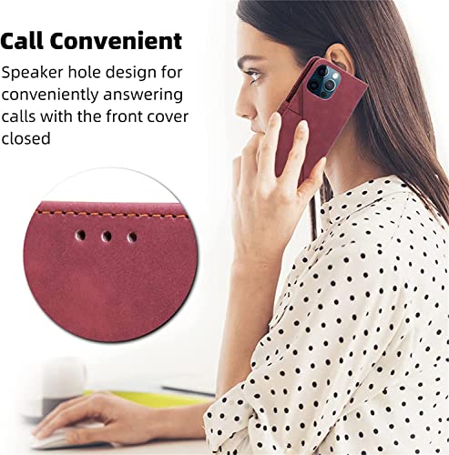 Étui portefeuille iPhone 14 Pro haut de gamme bordeaux en cuir fin - 7