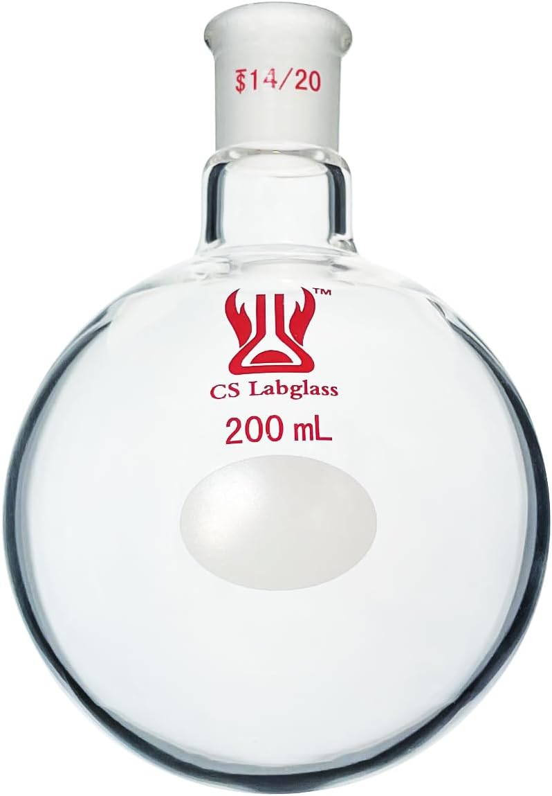 Single Neck Round Bottom Flask, 200ml with 14/20 Standard Taper Outer Joint, Borosilicate Glass Boiling Flask, Lab Glassware