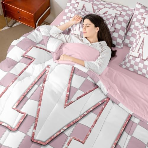 Image of Erosebridal Pink Initial M Queen Bed in A Bag 7 Piece Kawaii Plaid Checkered Comforter Set with Sheets Cute Personalized Monogram Bedding Sets for Kids Girls Teen Women,Fashion Grids Gingham Bed Set