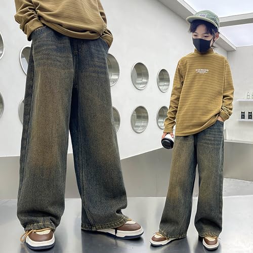 Boys Fleece Jeans Wide Straight Leg Denim Pants Casual Elastic Waist Trousers Loose Fit Stretch Winter Warm Pants3