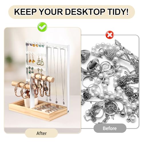 ZUSUZU Soporte para Joyas,Expositor de Joyas con Bandeja,Organizador de Joyas,Soporte de Exhibición de Pendientes,Estante de Joyas,para Collares,Pendientes,Anillos,Relojes y Pulseras(Blanco) - imagen 4