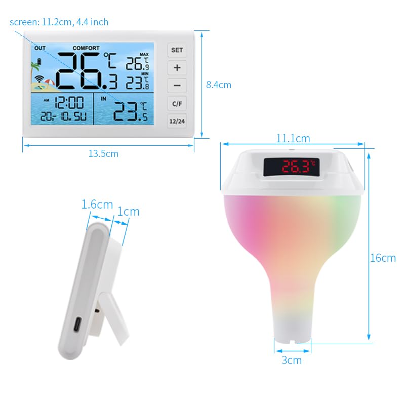Energía solar para exteriores Termómetro flotante para piscina Sensor de agua Medidor de temperatura del agua con pantalla LED Piscina tubular impermeable GRB Luz LED (Blanco)