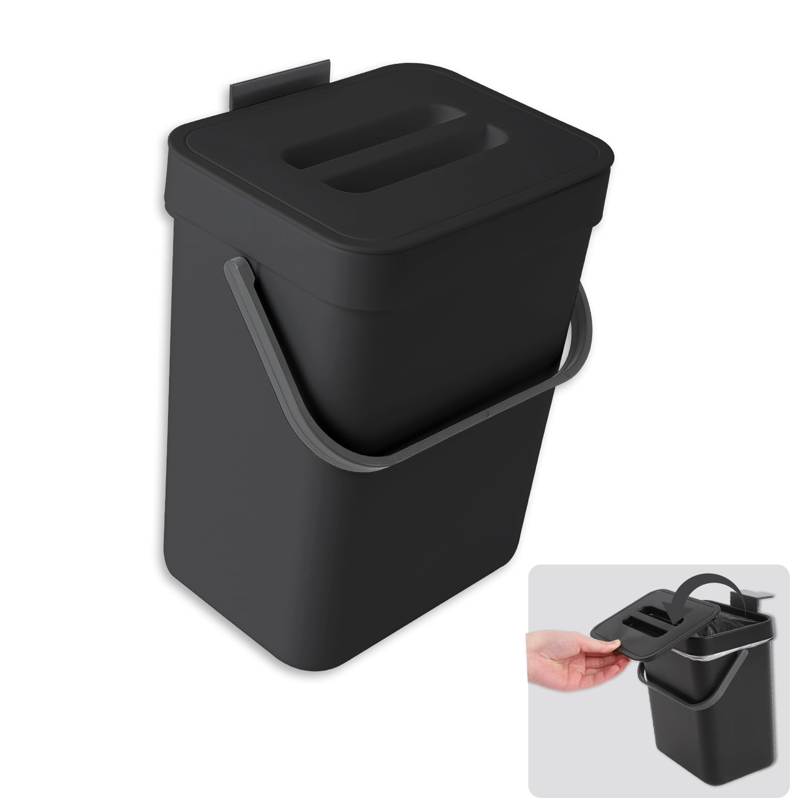 1.3 Gallol/5L Household Wall Mounted Kitchen Trash Can, Hanging Trash Can with Lid, Kitchen Compost Bin, Multifunctional, Suitable for Bathroom/Bedroom/Office (Black)
