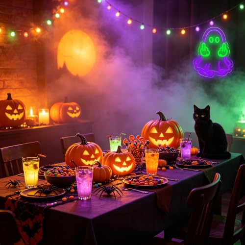 Image of Halloween Ghost Neon Signs for Wall Decor Terror Ghost Neon Light LED Hallowmas Ghost Party Decor Sign USB Powered, for Man Cave Bedroom Gaming Room Birthday Gift(13.3 * 10.4 In)