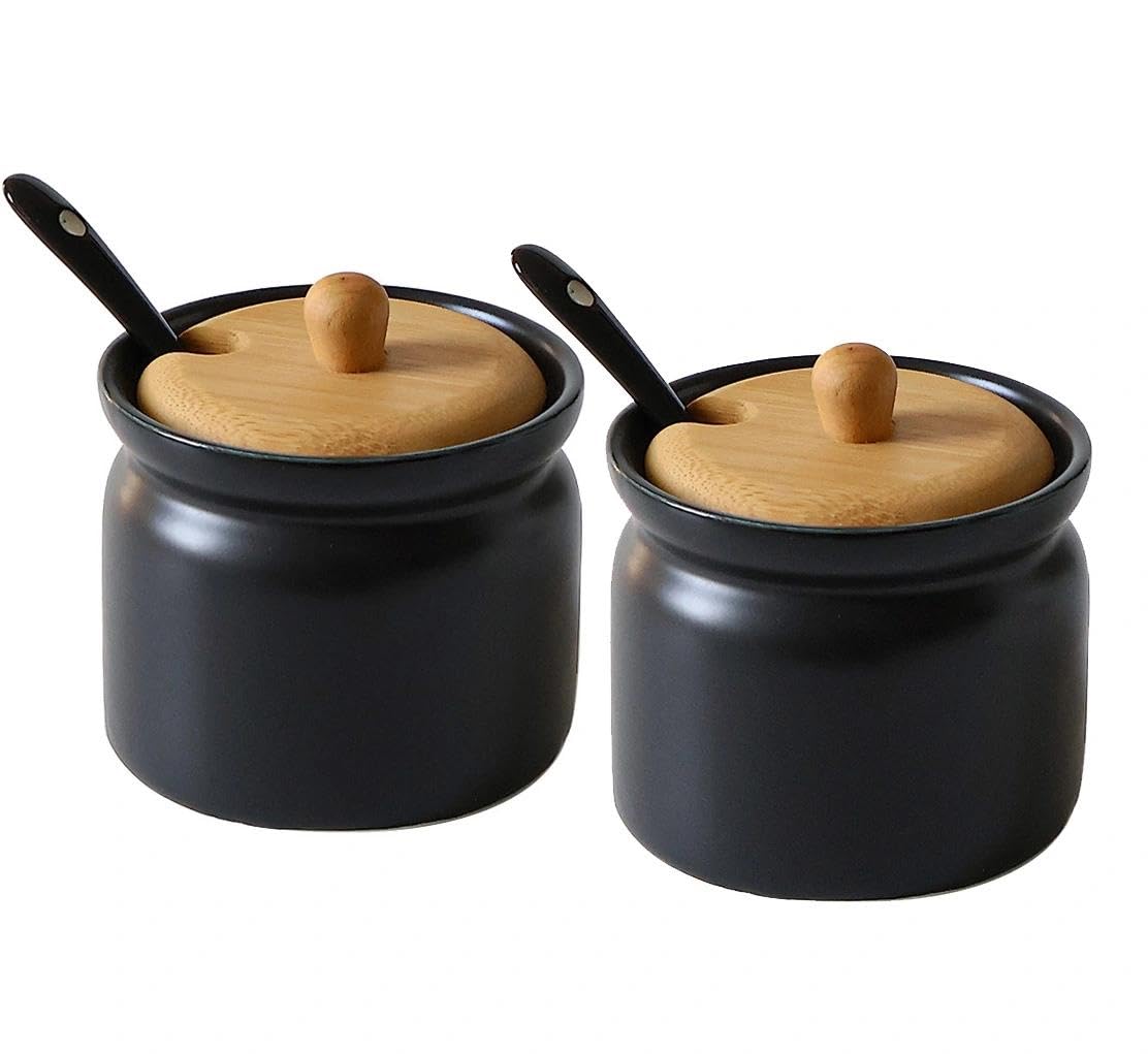 2er Set Keramik Gewürzdosen,Aufbewahrungsdose, Salztopf, Zuckerdose mit Löffel und Bambus Deckel, Keramik Vorratsdose , für Küche Esszimmer Café ,180 ml(Schwarz)