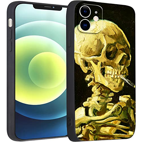 Compatible With Iphone 12 Cute Art Silicone Case With Design Black Stylish Death Symbol Cool Stunning Graffiti With Screen Protector (Head Of A Skeleton With A Burning Cigarette By Vincent Van Gogh) #TOP4