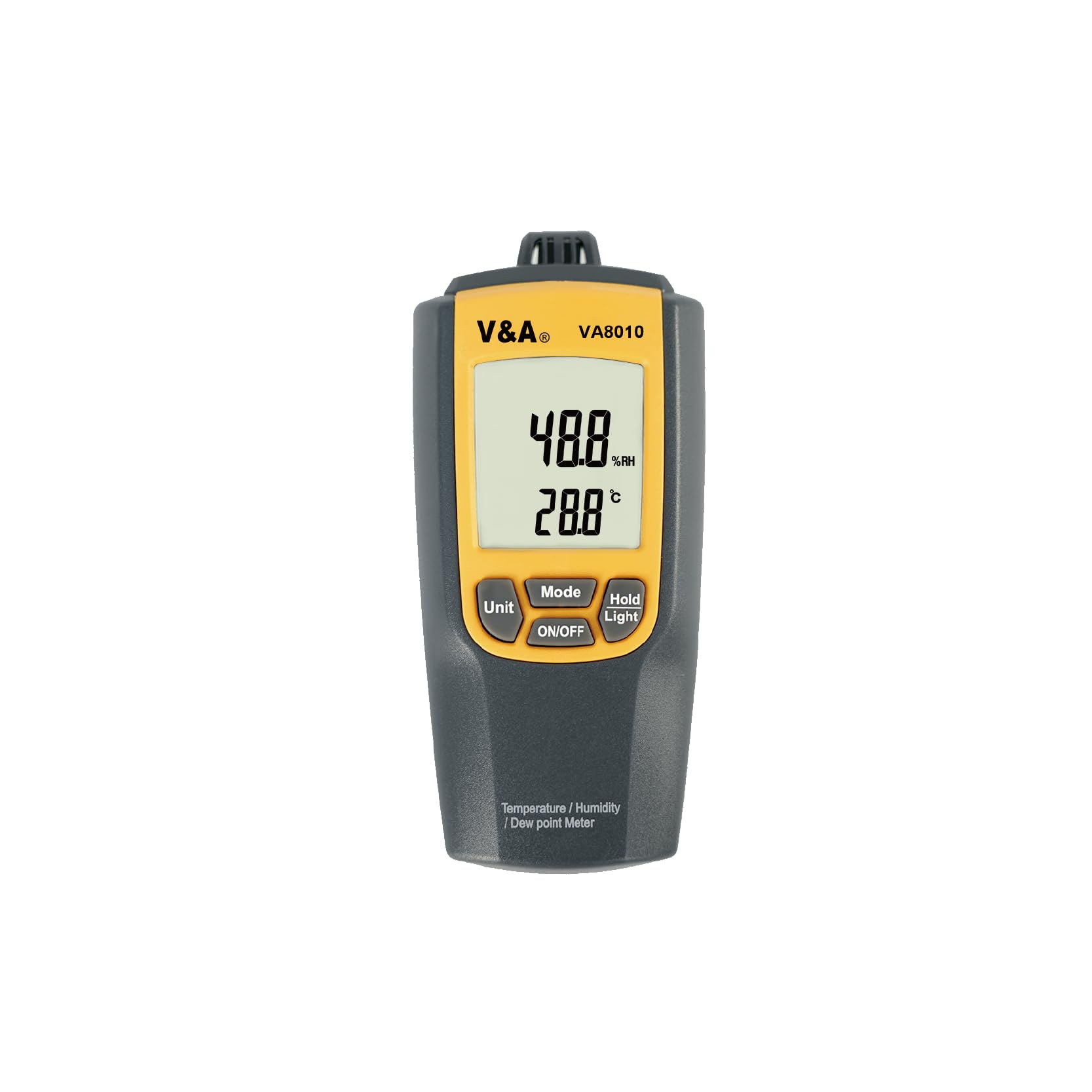 v&a va8010 temperature & humidity meter with dew point, °c/°f selection, max/min, data hold, backlight, auto power off