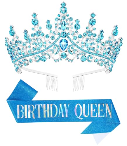 Papoopy Birthday Tiara Crown with Sash for Women, Birthday Queen for Party