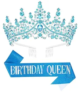 Birthday Tiara Crown with Sash for Women, Headband Hair Accessories for Wedding Party Costume (A-Blue)