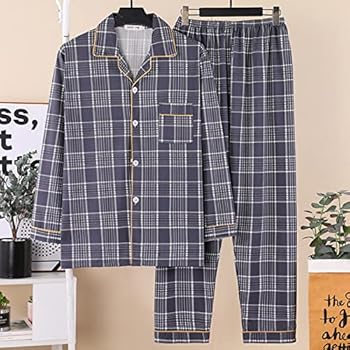 Pyjama heren lang katoen 4XL - pyjama set geruit tweedelige set nachtkleding gestreept hemdblouses met zak pyjamabroek oversized huispak sportief trainingspak, grijs, XL