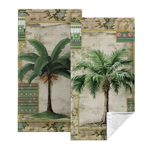 Tropical Palm Tree Hand Towels Set of 2 Summer Vintage Green Leaves Kitchen Towels Hawaii Jungle Plant Tree Bath Towel Botanical Monstera Dish Towels Soft Absorbent Fingertip Towel for Bathroom