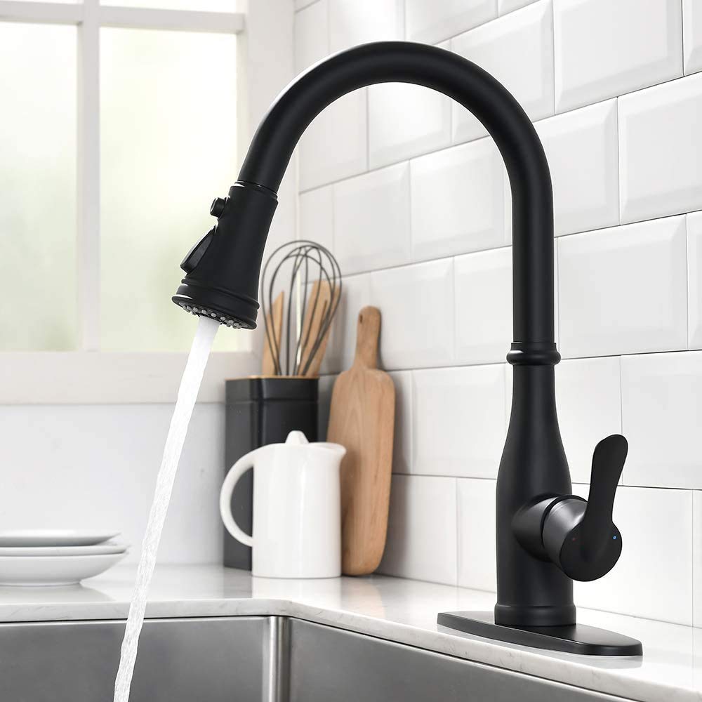 OWOFAN Kitchen Faucet Single Handle Pull Down 3 Function Spray Kitchen Sink Faucet with Pull Out Sprayer Stainless Steel Matte Black 866088R