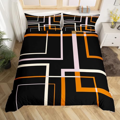Housse de couette géométrique noire et orange parure de lit double moderne - 2