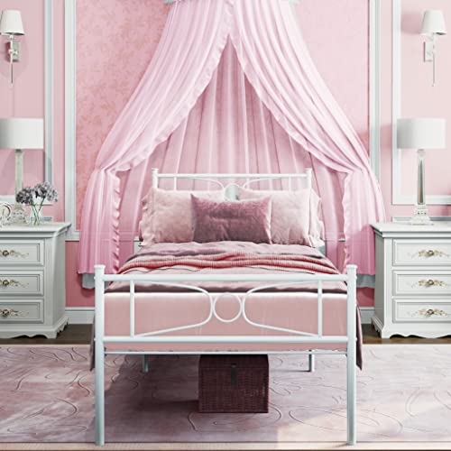 White Twin Bed Frames With Headboard Storage For Girls Boys Adults, Metal Twin Size Platform Bed Frame No Box Spring Needed, Mattress Foundation With Steel Slats Support, Noise Free, Anti-Slip #TOP4