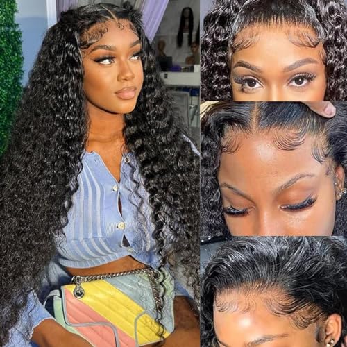tsiyu 13x6 Full Lace Front Wigs Human Hair Pre Plucked Deep Wave 180 Density HD Lace Frontal Wig With Baby Hair Transparent Glueless Deep Curly Human Hair Wigs for Women 30 Inch
