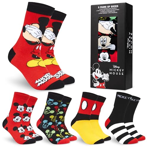 Disney Chaussettes Homme Mi-Mollet EU 40-45, Coffret 5 Paires Chaussettes Fantaisie, Cosy Chaud Humour, Idee Cadeau Homme (Rouge Mickey, 40/45 EU)
