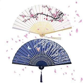 2 Pieces Folding Hand Fans for Women, Silk Fabric and Hollow Carved Bamboo Handheld Folding Fan, Chinese Style Hand Fan Folding with Tassels for Wall Decoration/Wedding and Gifts