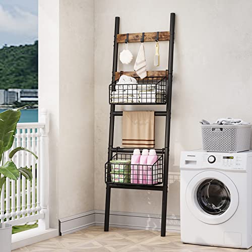Homeiju Blanket Ladder Rack Shelf, Blanket Holder With Removable Basket And Hooks, Decorative Ladder Shelf For Bathroom,Living Room,Kitchen Or Balcony #TOP4