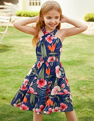 Grace Karin Girls Midi Dress Casual A-Line Floral Tiered Vintage Dress Navy 12Y #TOP7