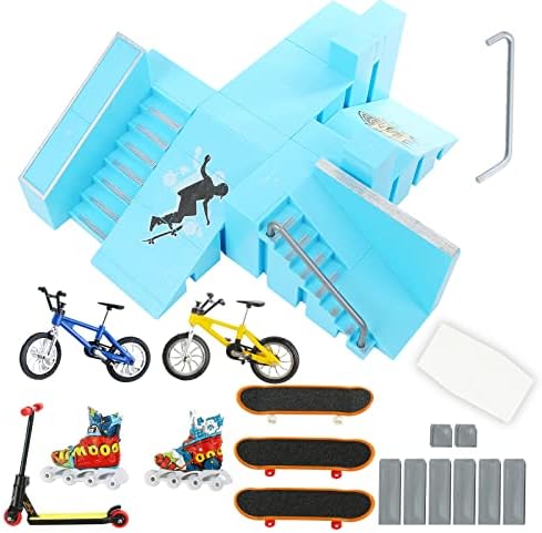 PLSOPPKG 5Pcs Skate Park Kit Ramp Parts for Finger Skateboard Park Kit Part Training Props with Finger Skateboards Finger Bikes Skates Scooters and More(Blue)