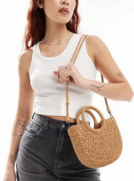 Womens Straw Beach Bag,Woven Crossbody Shoulder Bags with Strap,Top Handle Straw Handbag Clutch Crossbody Travel Beach Bag for Summer Basket Purse for Women3