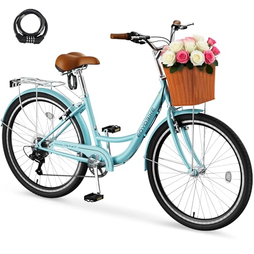 MOONCOOL Womens Bike 7 Speed, 24 26 inch Beach Cruiser Bikes for Women, Step Through Adult Bicycle with Front Basket for City Commuting