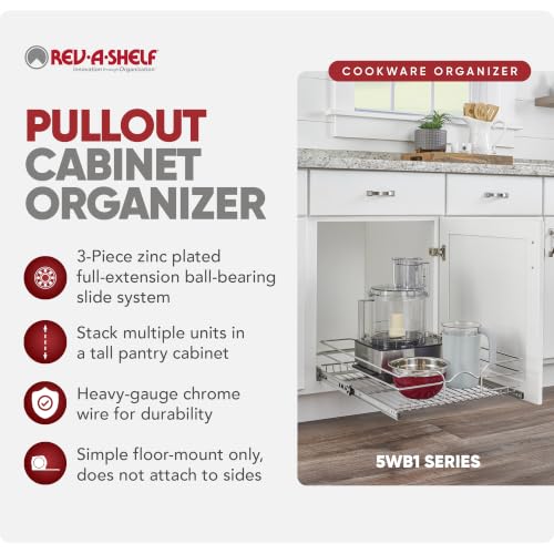 Image of Rev-A-Shelf Steel Wire Pullout Drawer Organizer Shelf for Kitchen Cabinets, Slide Out Storage Basket, Min Opening Width of 20.5 inch, 21 inch x 20 inch, 5WB1-2120CR-1