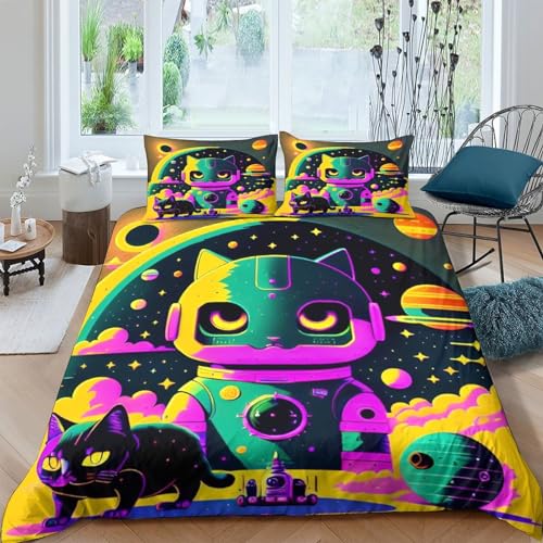 Housses de couettes IOFEER chat espace anti-plis King 220x240cm