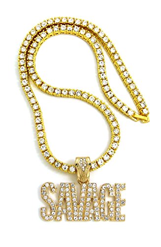 NYFASHION101 Stone Stud Savage Rapper Pendant with 5mm Iced Out Tennis Chain Necklace in Gold-Tone, 20"