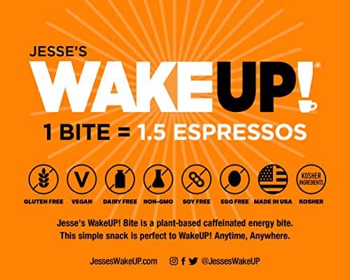 Wakeup! (1 Bite = 1.5 Espressos): Vegan, Gluten Free Energy Bite, 125Mg Caffeine (Plant-Based), 55 Calories, Kosher Ingredients, Non Gmo, Low Sugar, Dairy Free, Egg Free, Soy Free, Dark Chocolate Flavor Rice Crisp Bite To Boost Brain Focus, Clarity, Hours Of Sustained Energy Fuel: 10 Pack - Jesse's Wake Up Bites #TOP4