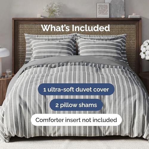 Image of Duvet Cover Full Size Set - Extra Soft Full Duvet Cover 80 inch x 90 inch with 2 Pillow Shams for Women, Men, Kids & Teens - Hotel Luxury w / Zipper Closures & Ties - Comfy, Cozy & Breathable (Grey Stripes)