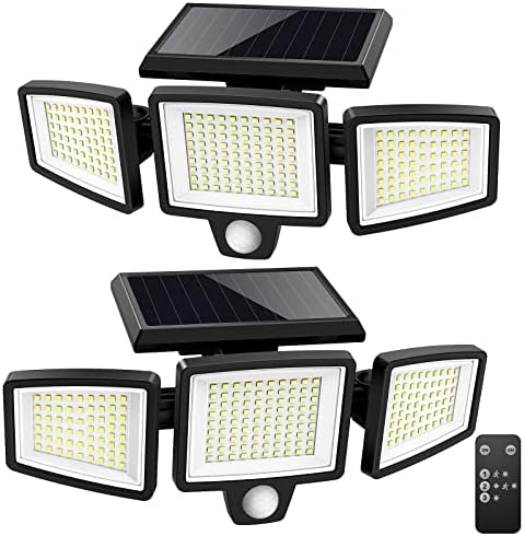 WWimy Solar Lights Outdoor, 210 LED 2500LM Motion Sensor Lights with Remote Control, 3 Heads Security LED Flood Light, IP65 Waterproof, 270° Wide Angle Illumination Wall Light with 3 Modes(2 Packs)