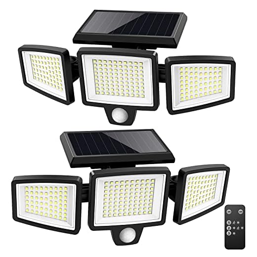 WWimy Solar Lights Outdoor, 210 LED 2500LM Motion Sensor Lights with Remote Control, 3 Heads Security LED Flood Light, IP65 Waterproof, 270° Wide Angle Illumination Wall Light with 3 Modes(2 Packs)