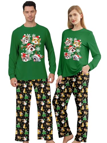 Fanient Pijamas De Mujer Pijamas De Navidad para Hombre Ropa De Dormir con Estampado De Gato Divertido Conjunto De Pijama De Dos Piezas Verde para Parejas M