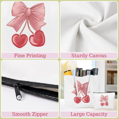 Aesthetic Bow Cherry Canvas Tote Bag Beach Tote Bag for Women with inner Pocket, Cute Bow Lovers Gift for Women Girls Bestie Sister Birthday Christmas Reusable Shopping Grocery Bags with Makeup Bags4