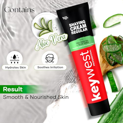 Image of Keywest Regular Shaving Cream 125gm for Men All Skin Types | Enriched with Tea Tree Oil & Aloe Vera | Protects, Heals & Smoothens Skin | Prevents Razor Burns
