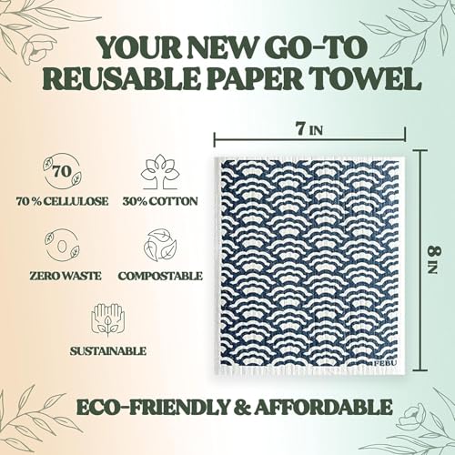 FEBU Swedish Dishcloths for Kitchen | 5 Pack Botanique Reusable Paper Towels Washable | Swedish Dish Towels | Non-Scratch Cellulose Sponge Cloths | No Odor, Biodegradable Cleaning Cloths - Thumbnail 7