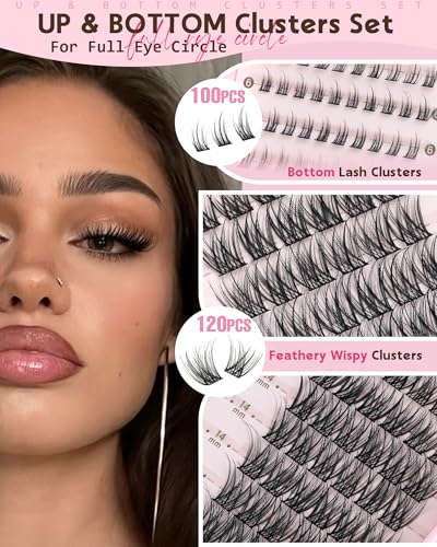 Image of 220Pcs Wispy Lash Clusters Kit Cluster Eyelash Extensions Kit Natural DIY C Curl Individual Lashes Clusters With Bottom Eyelashes