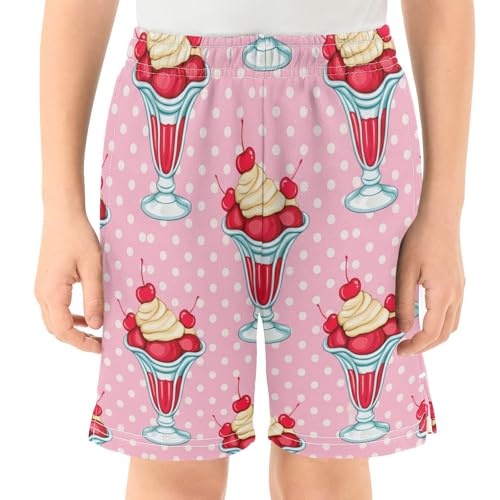 Cherries Ice-Cream Athletic Shorts with Zipper Pockets, Youth Boys Athletic Running Shorts for Summer2