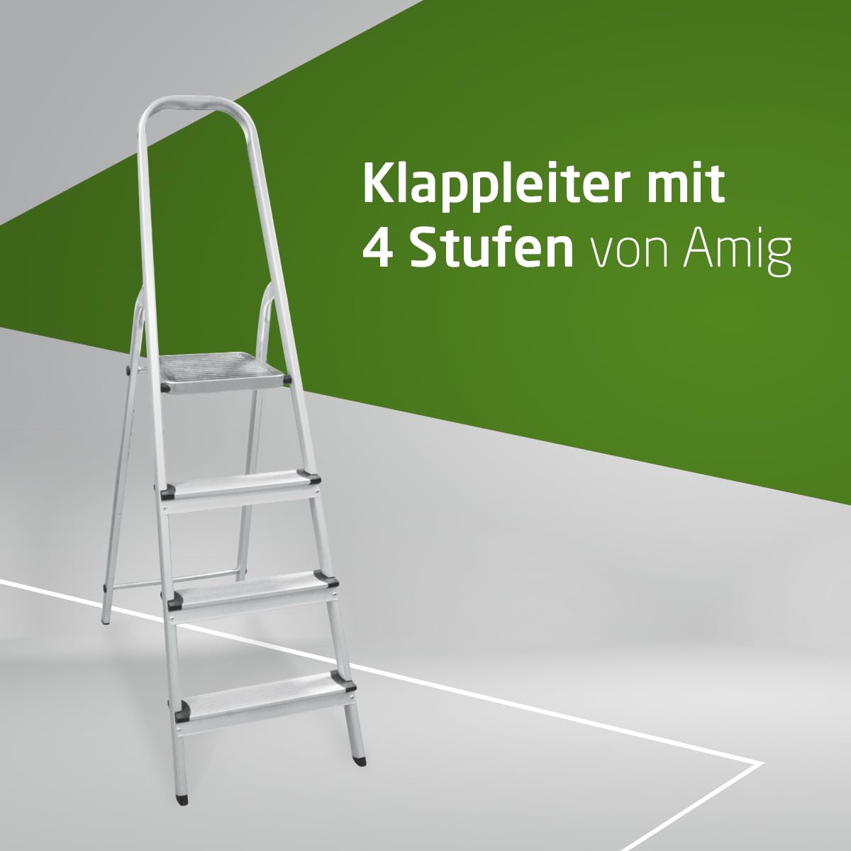 Amig - Teleskopleiter mit 4 Stufen | Aluminium | Maße der kleinen Schritte: 28x8 cm | Maße der großen Stufe: 25x25x28 cm | Heimgebrauch | Maximale Belastung 150 kg
